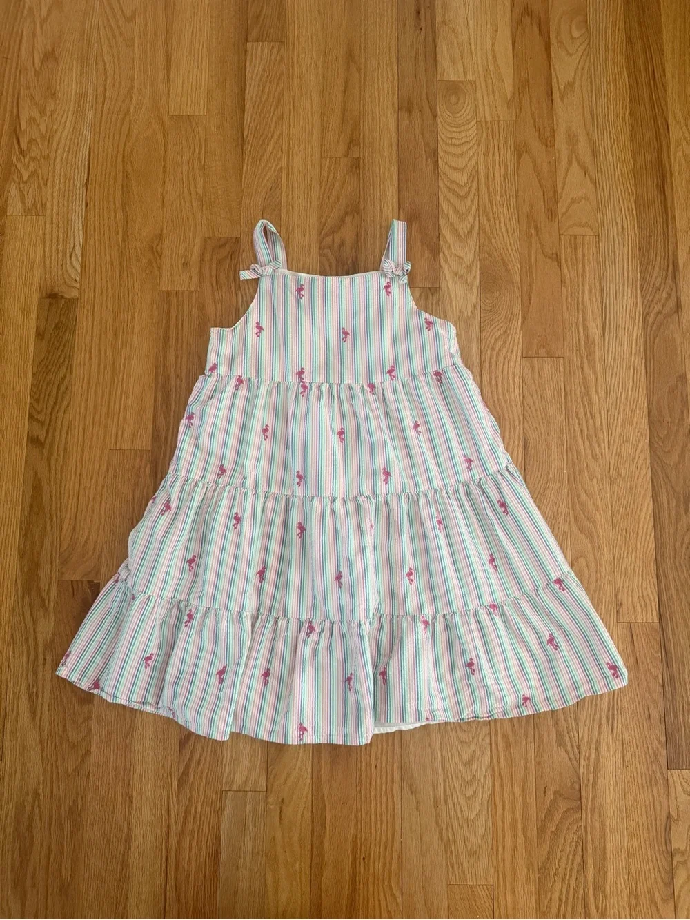 Gymboree Seaside Palms Embroidered Flamingo Seersucker Tiered Dress, Size 10